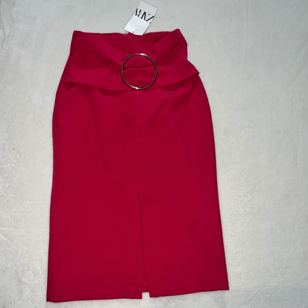 Zara Womens Pink High Waist O-Ring Buckle Midi Pencil Skirt Small Barbiecore‎